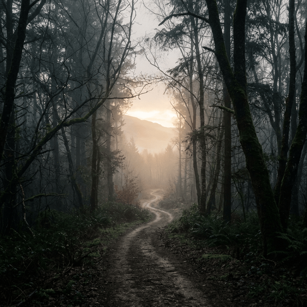 Winding forest path through mist toward a glowing sunrise