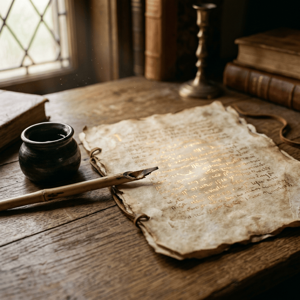 A parchment manuscript with a quill and ink pot on a wooden desk