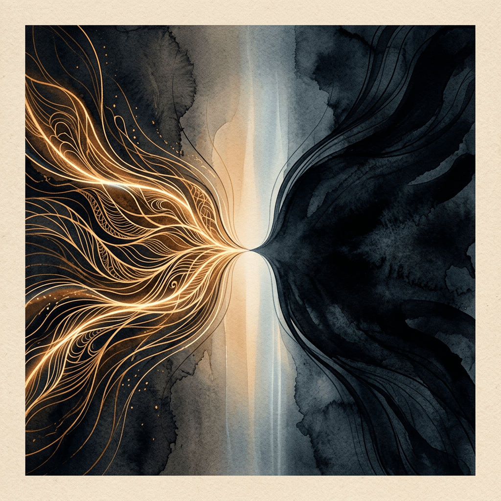 Abstract artwork with golden flowing lines meeting dark blue-black shapes