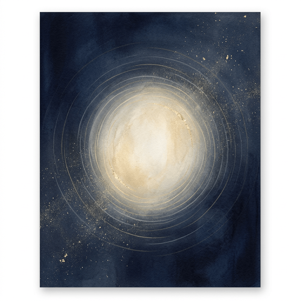 Abstract golden light surrounded by concentric rings on a dark blue background