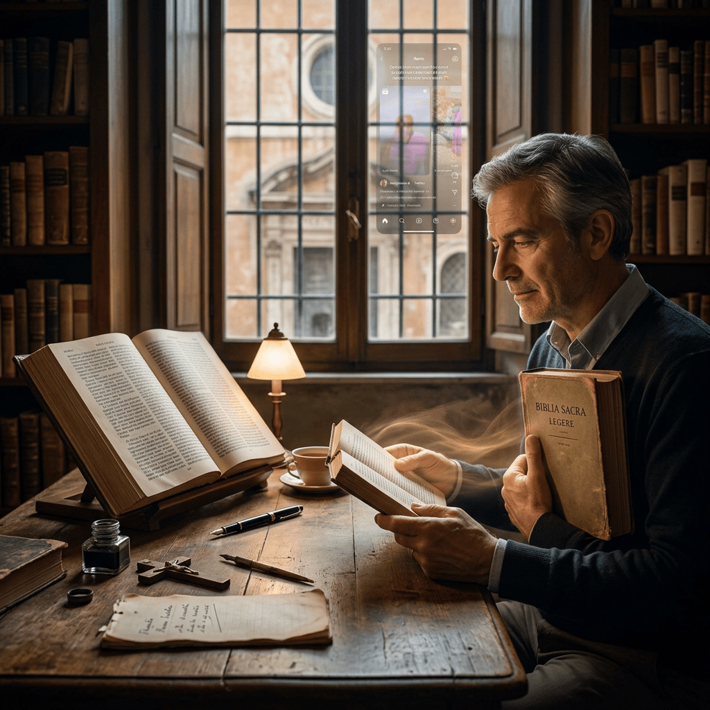 Man reading sacred books beside a window with a digital interface