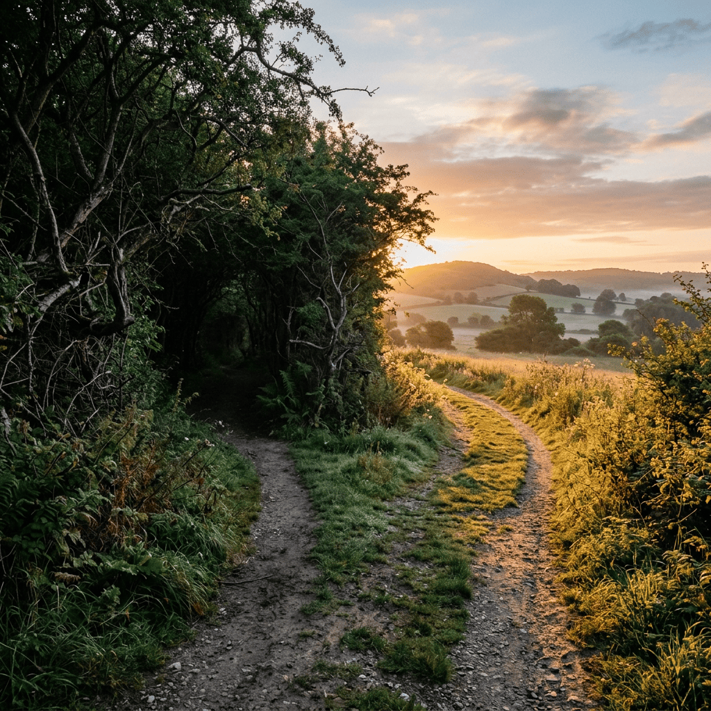 Woodland trail leading through fields toward sunlit rolling hills