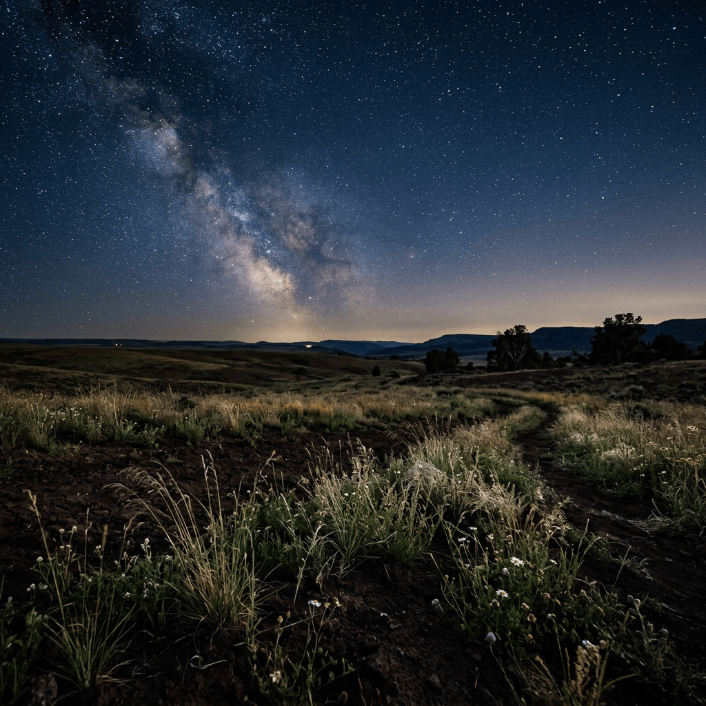 Milky Way stretching above a grassy meadow and dark mountain ridges